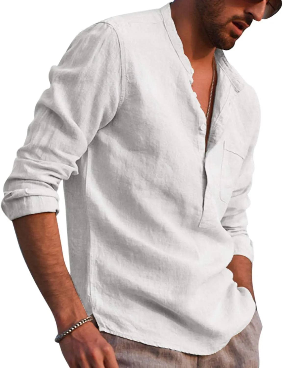 Mens Cotton Linen Shirt Casual Long Sleeve Henley Shirt Solid Tops