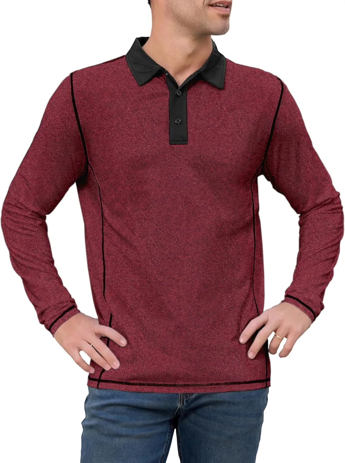 Mens Long Sleeve Polo Shirts Summer Casual Lightweight Knit True Classic Contrast Collar Button-Down Golf Tees Basic