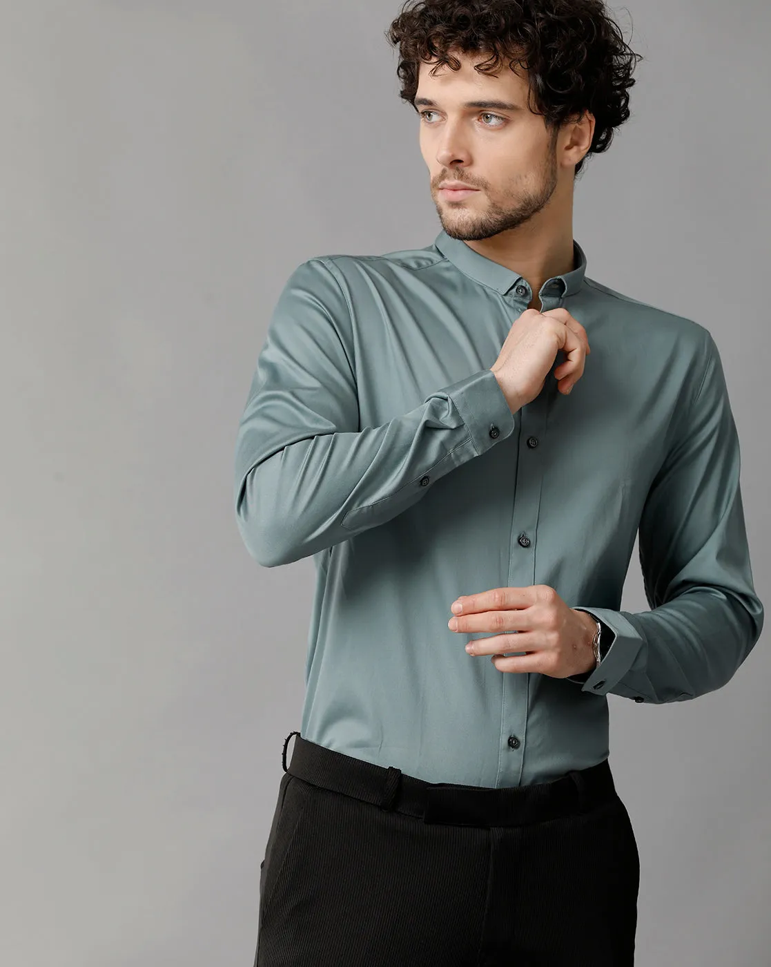 Men's Sea Satin Stretch Green  Shirt