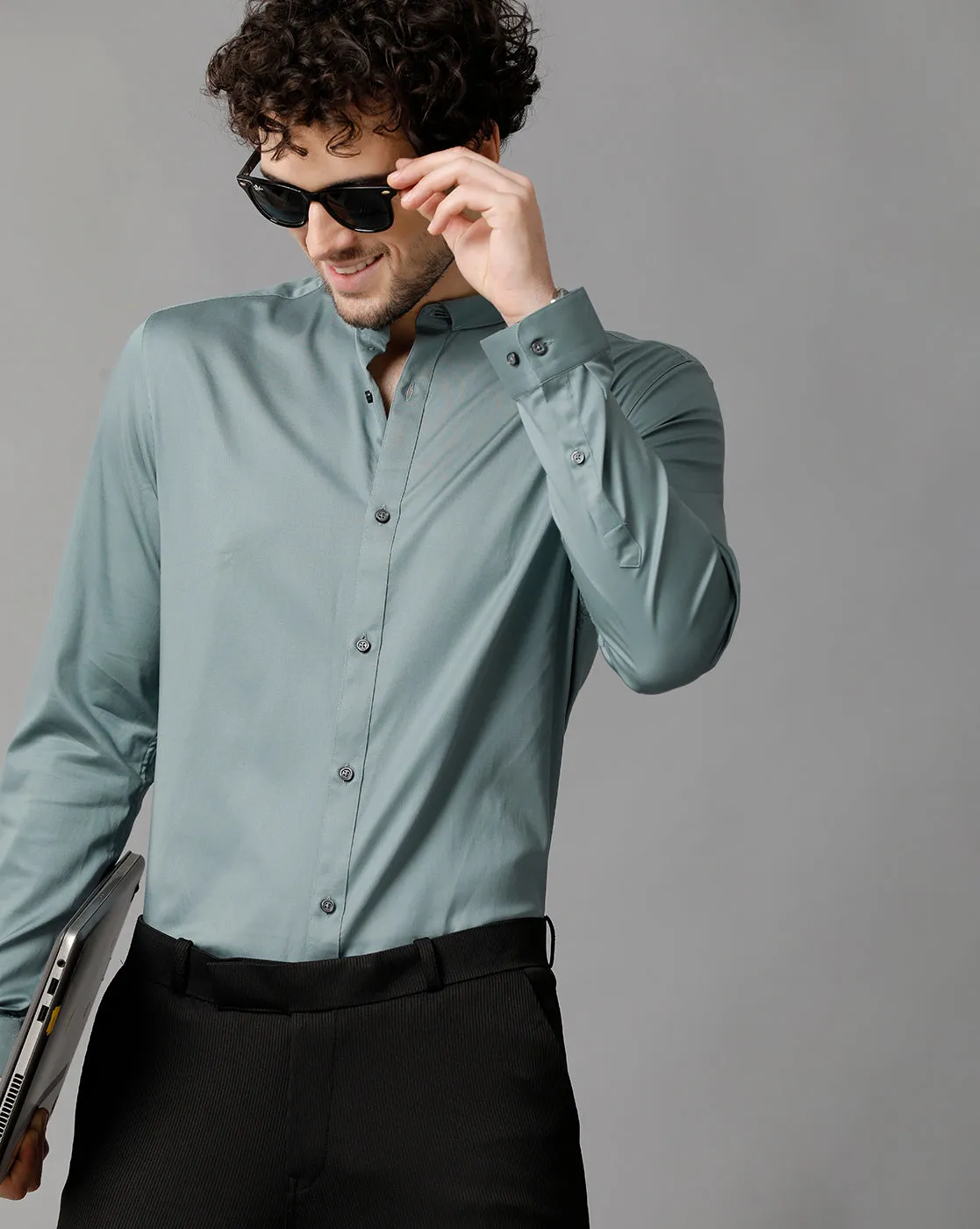 Men's Sea Satin Stretch Green  Shirt