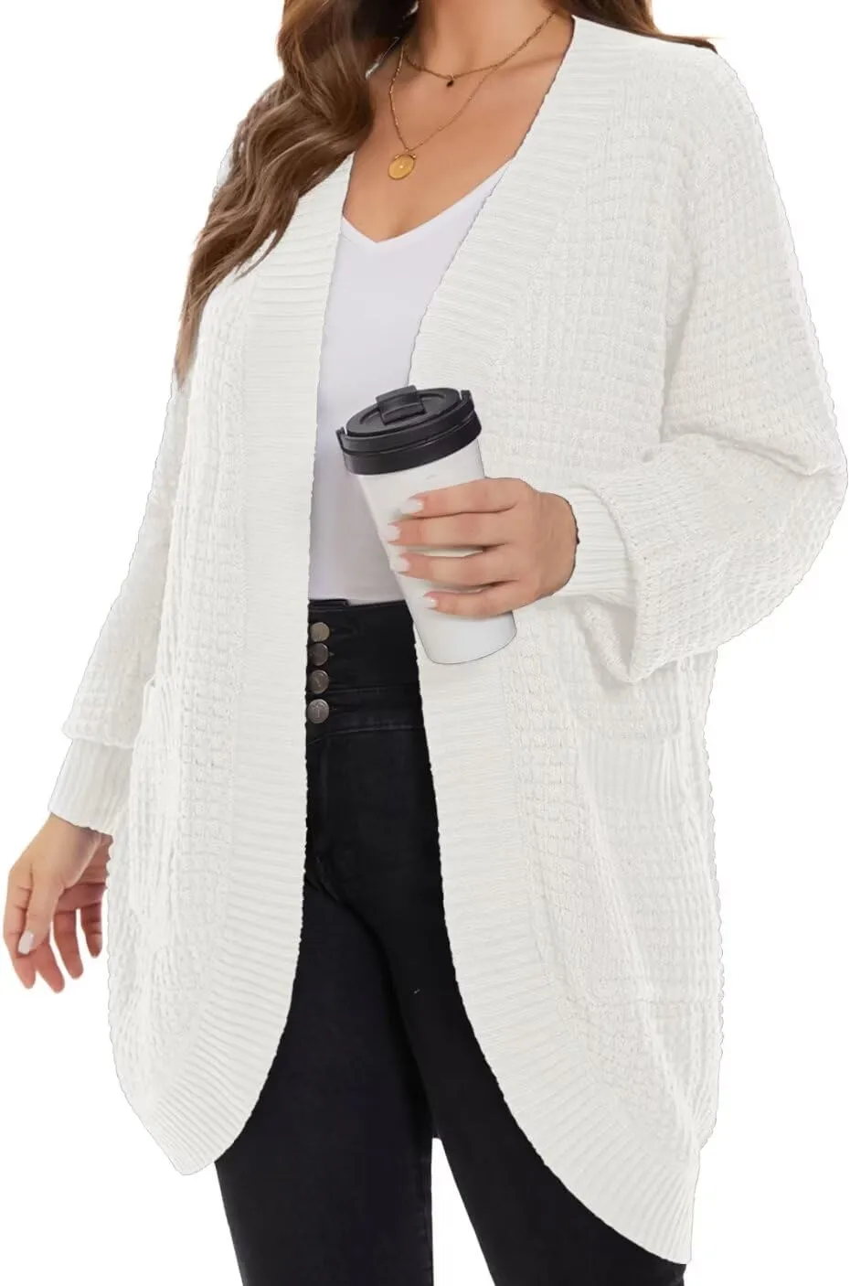 MONNURO Womens Plus Size Open Front Cardigan Waffle Knit Long Sleeve Sweaters Tops 2025 Fall Coat Outerwear with Pockets