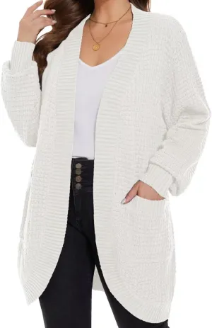 MONNURO Womens Plus Size Open Front Cardigan Waffle Knit Long Sleeve Sweaters Tops 2025 Fall Coat Outerwear with Pockets