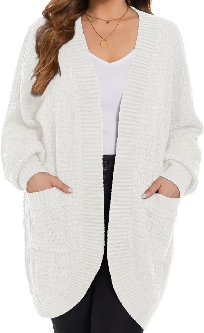 MONNURO Womens Plus Size Open Front Cardigan Waffle Knit Long Sleeve Sweaters Tops 2025 Fall Coat Outerwear with Pockets