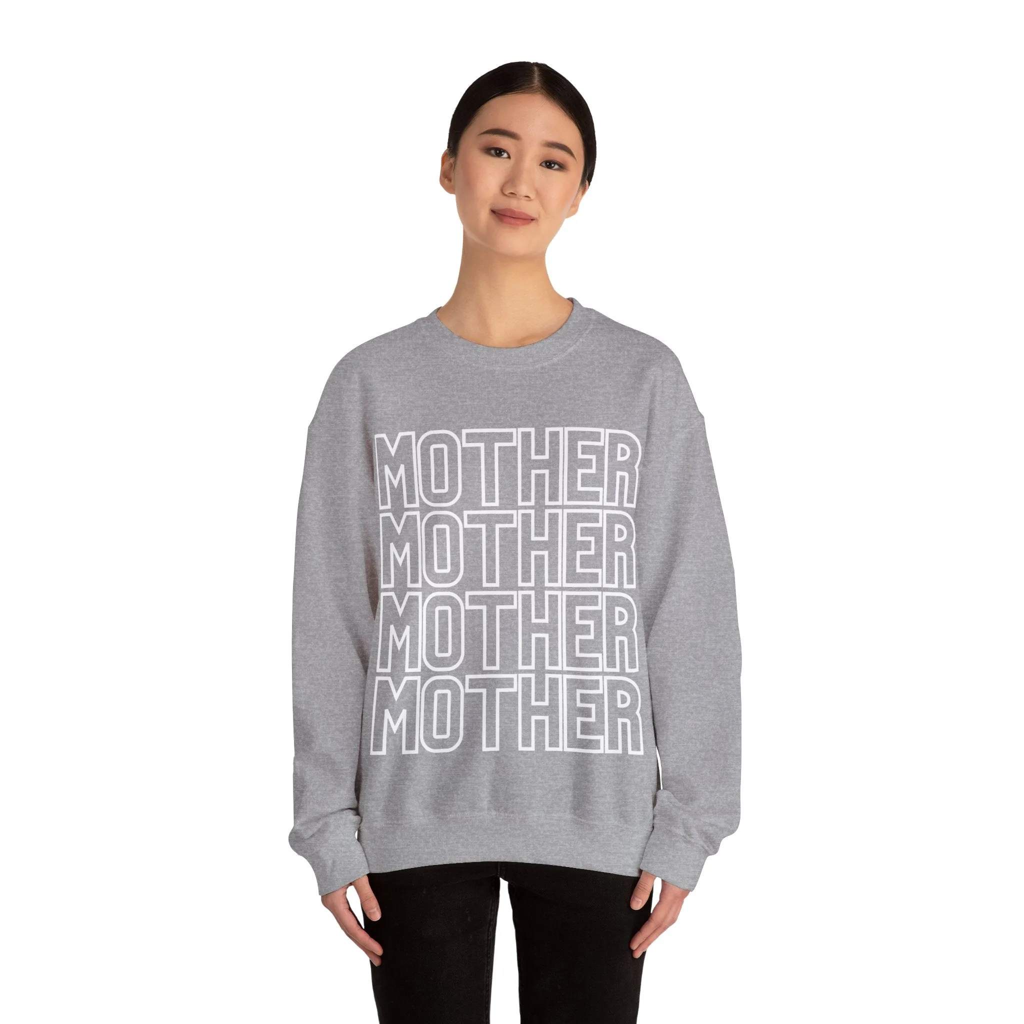 MOTHER on Repeat Oversized Pullover Crewneck Sweatshirt, Gifts for Mom, Baby Shower Gifts, White on Gray, Mother's Day Gift