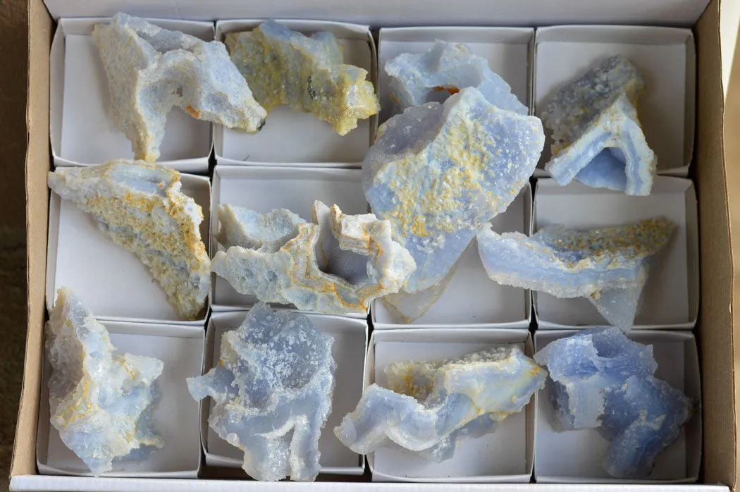 Natural Etched Blue Chalcedony Specimens  x 12 From Nsanje, Malawi