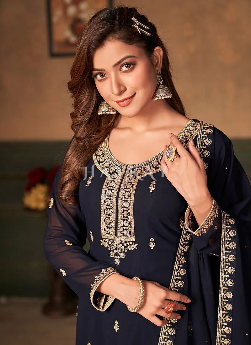 Navy Blue Traditional Embroidered Palazzo Suit