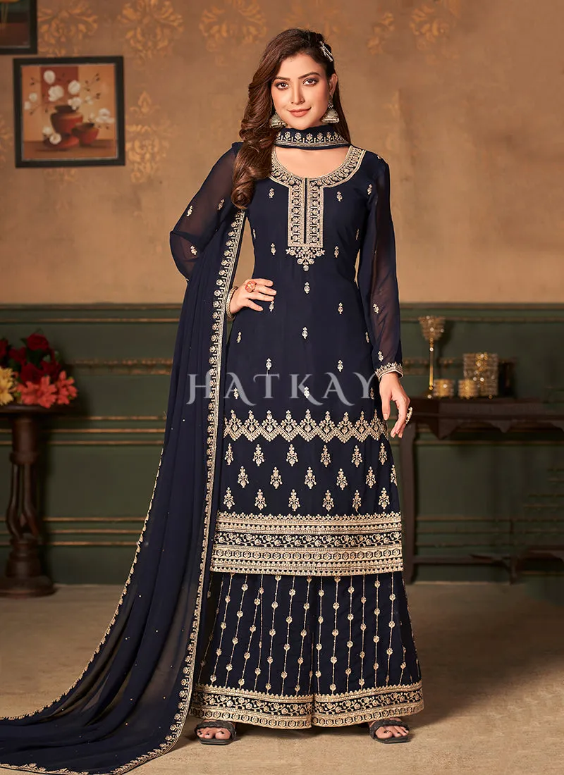 Navy Blue Traditional Embroidered Palazzo Suit