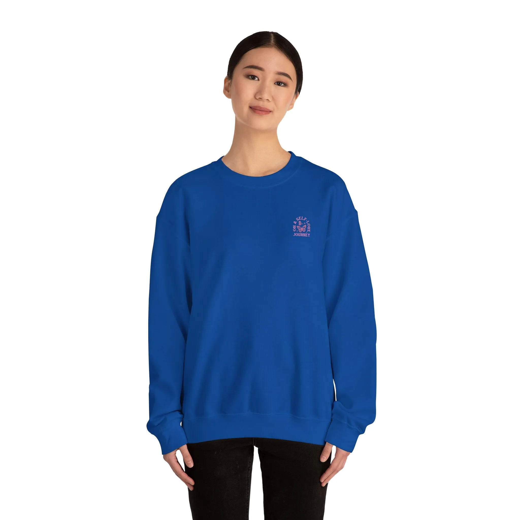 On A Self love Journey Front and back Double sided shirt Self Love club Happiness Unisex Heavy Blend™ Crewneck Sweatshirt