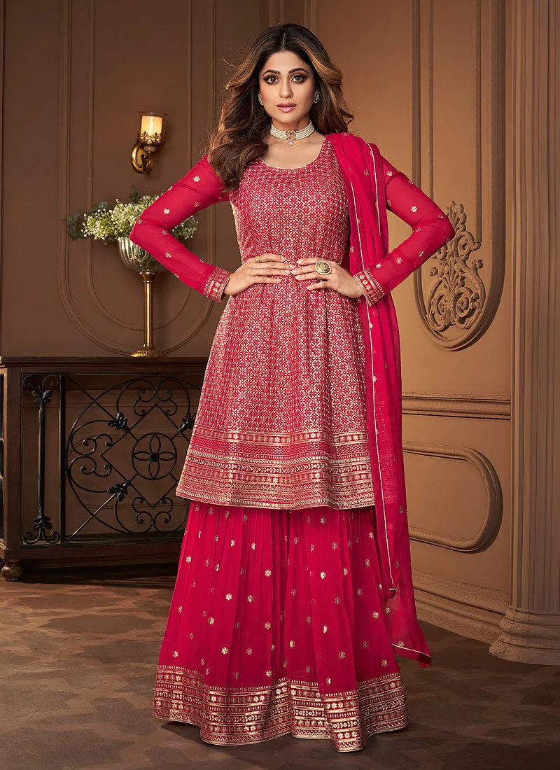 Pink Golden Embroidered Designer Sharara Suit
