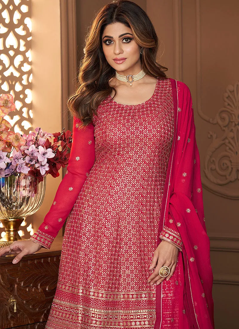 Pink Golden Embroidered Designer Sharara Suit