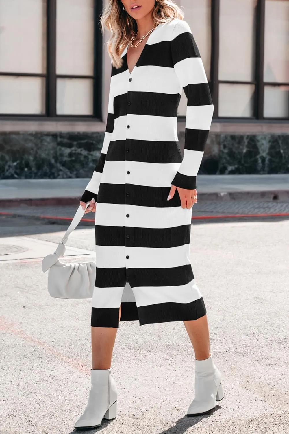 PRETTYGARDEN Women's Fall Sweater Dresses 2025 Long Sleeve V Neck Button Ribbed Knit Stripes Bodycon Midi Winter Dress
