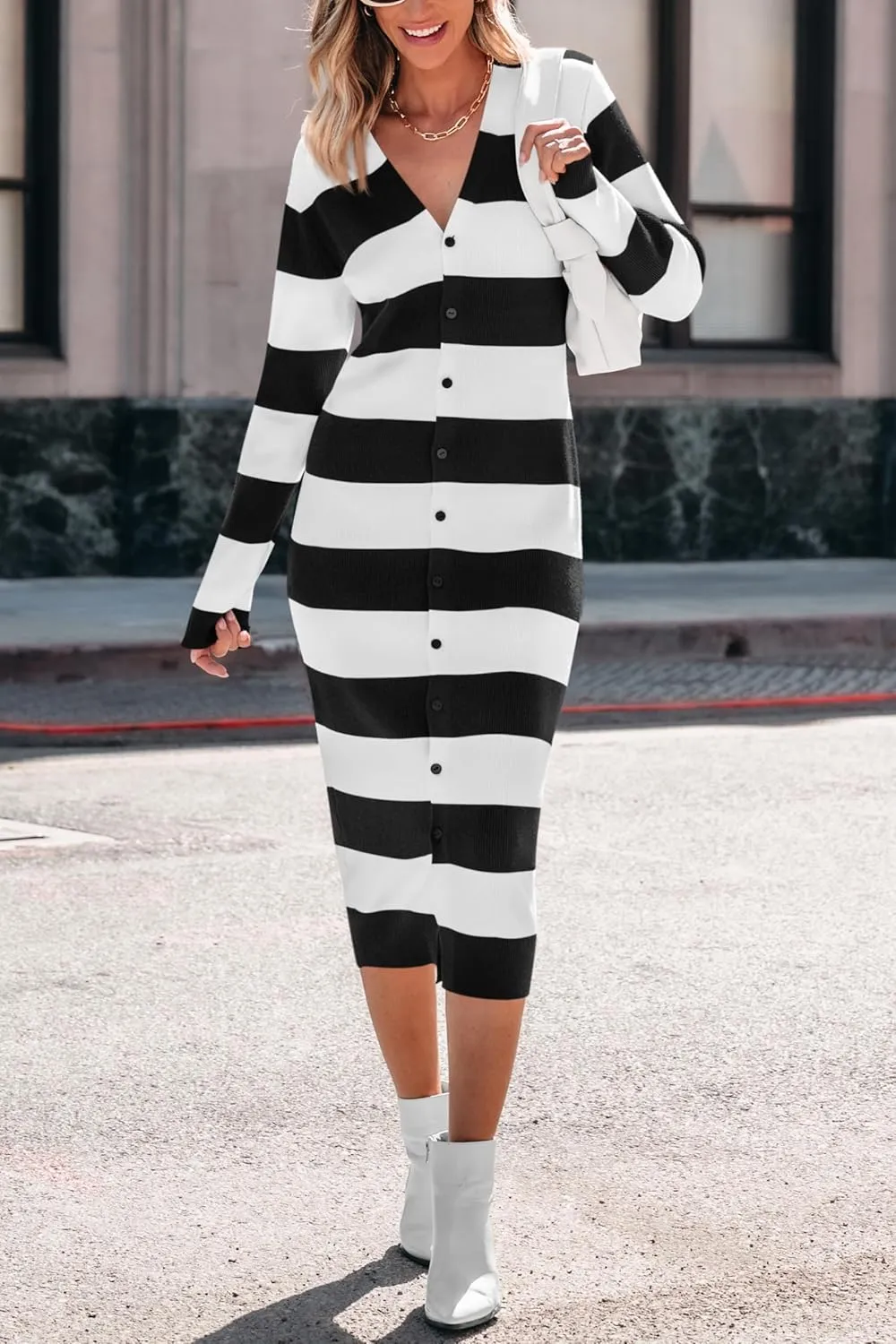 PRETTYGARDEN Women's Fall Sweater Dresses 2025 Long Sleeve V Neck Button Ribbed Knit Stripes Bodycon Midi Winter Dress