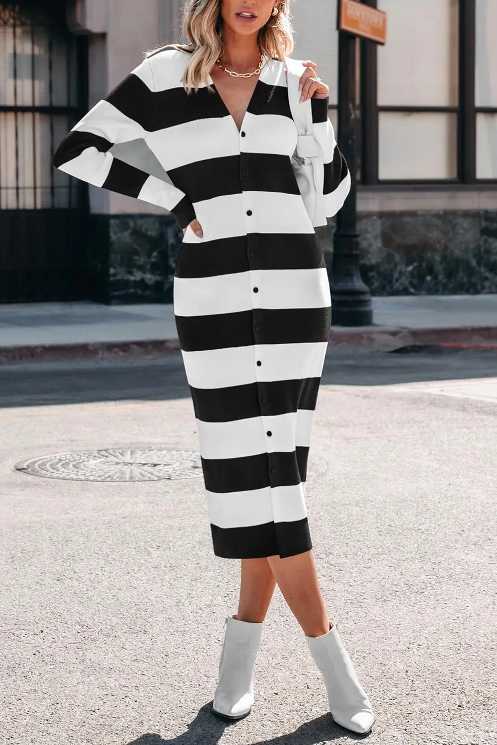 PRETTYGARDEN Women's Fall Sweater Dresses 2025 Long Sleeve V Neck Button Ribbed Knit Stripes Bodycon Midi Winter Dress