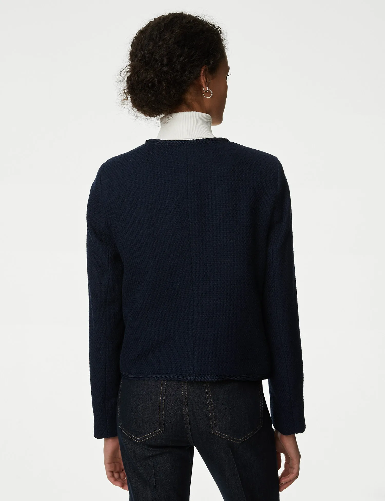 Pure Cotton Tweed Collarless Short Jacket