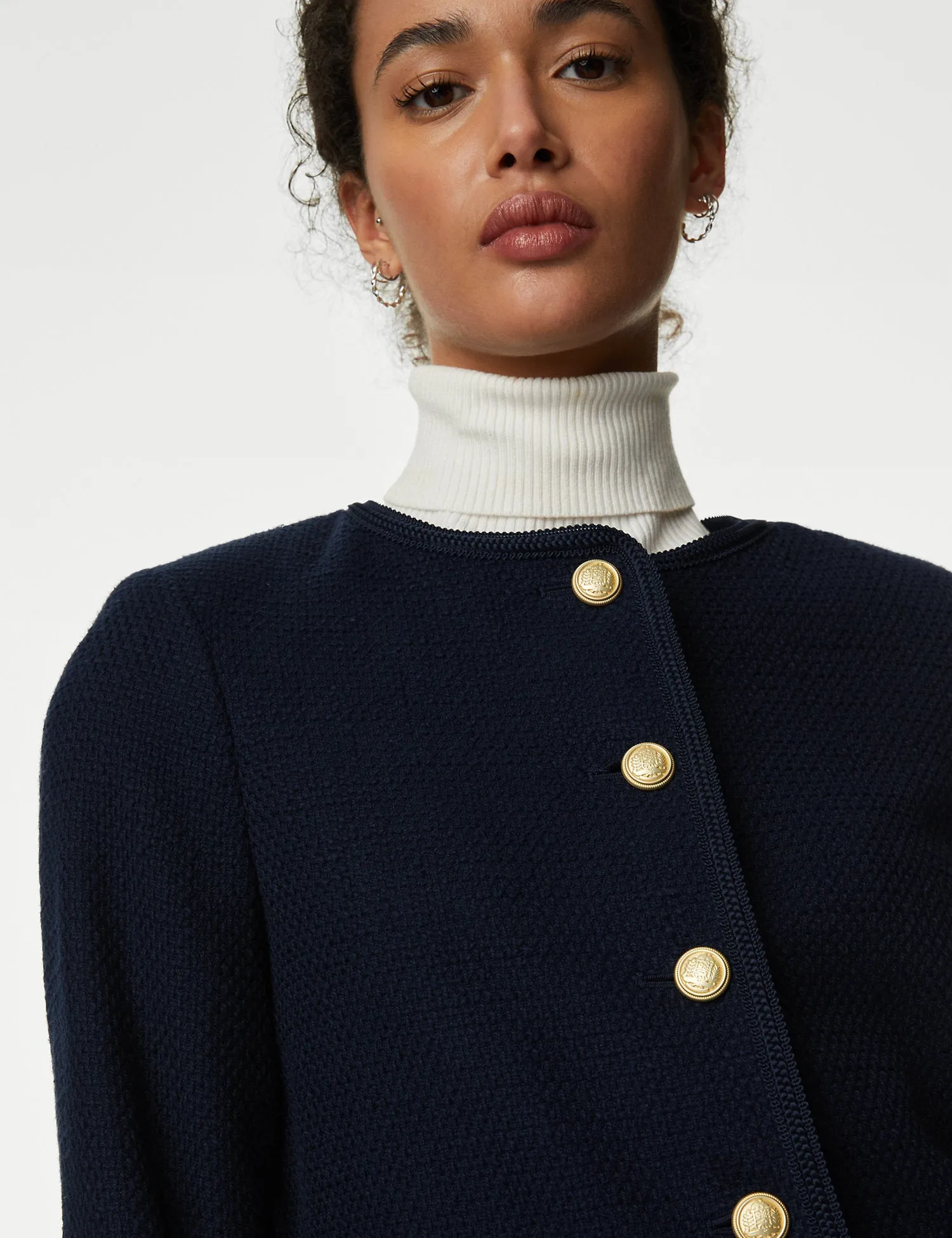 Pure Cotton Tweed Collarless Short Jacket