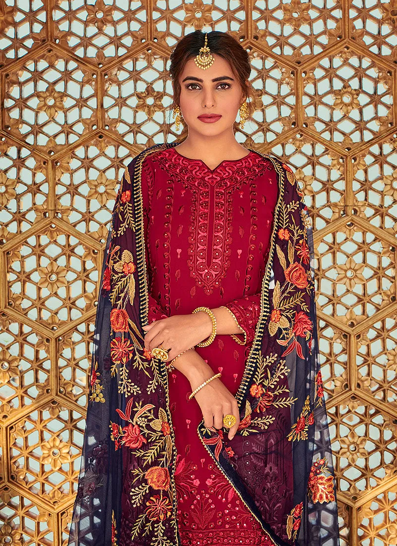 Red Embroidered Palazzo Suit