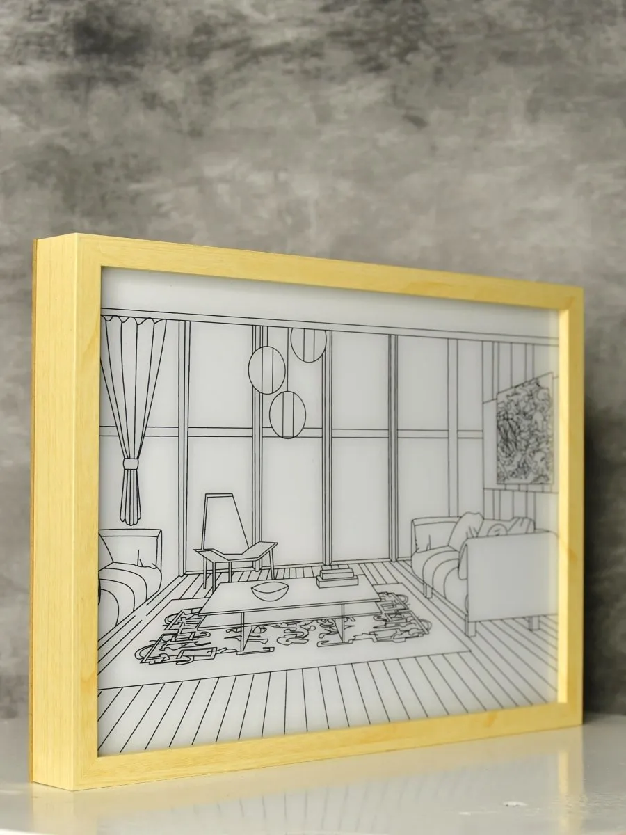 Sowpeace Illuminated Hall Room Frame – LED Landscape Photo Frame with Sofas, Carpet & Balcony for Chic Home Decor