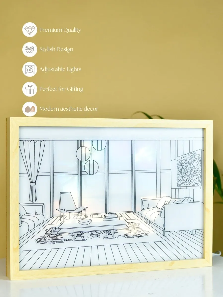 Sowpeace Illuminated Hall Room Frame – LED Landscape Photo Frame with Sofas, Carpet & Balcony for Chic Home Decor