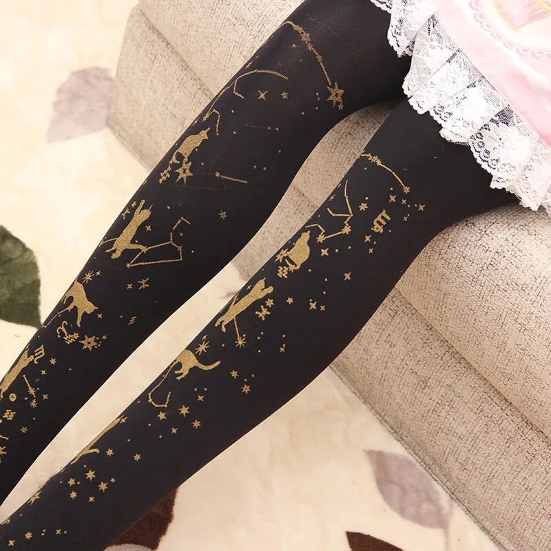 Starry Night Playing Cat ~ Sweet Printed Lolita Pantyhose Gold Stamped Patterned Tights