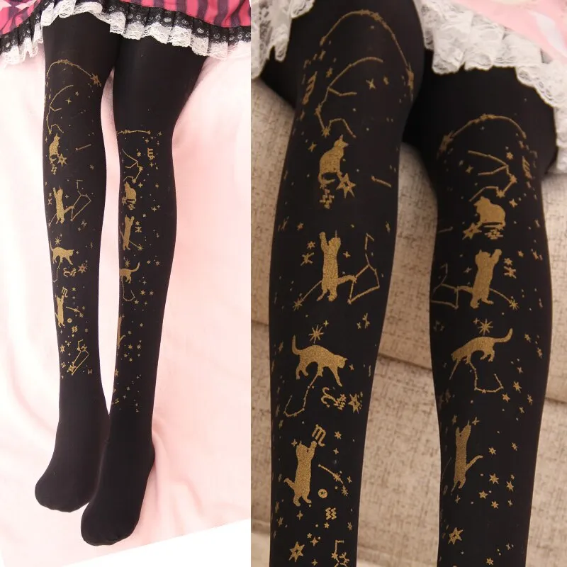 Starry Night Playing Cat ~ Sweet Printed Lolita Pantyhose Gold Stamped Patterned Tights