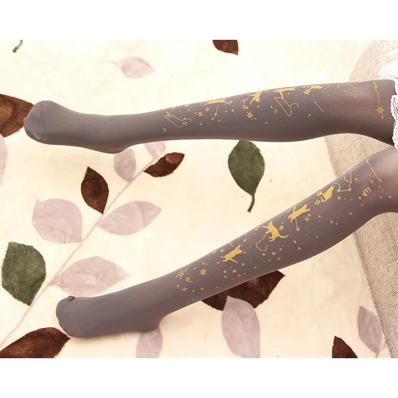 Starry Night Playing Cat ~ Sweet Printed Lolita Pantyhose Gold Stamped Patterned Tights