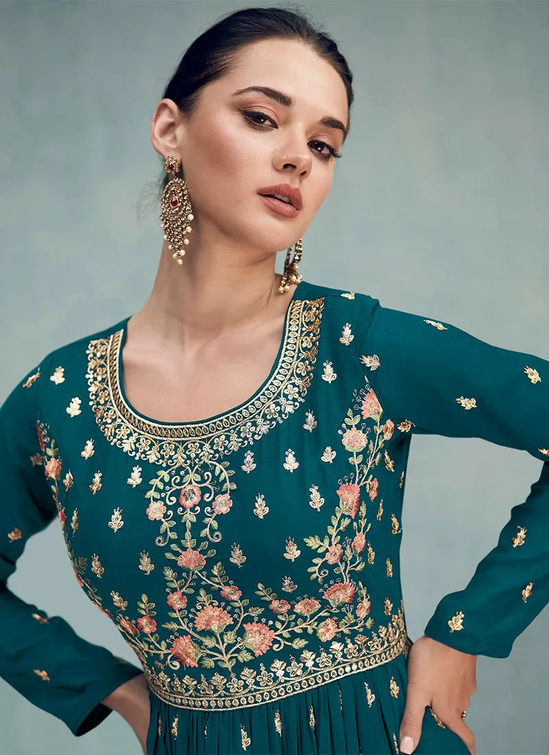 Turquoise Sequence Embroidered Wedding Palazzo Suit
