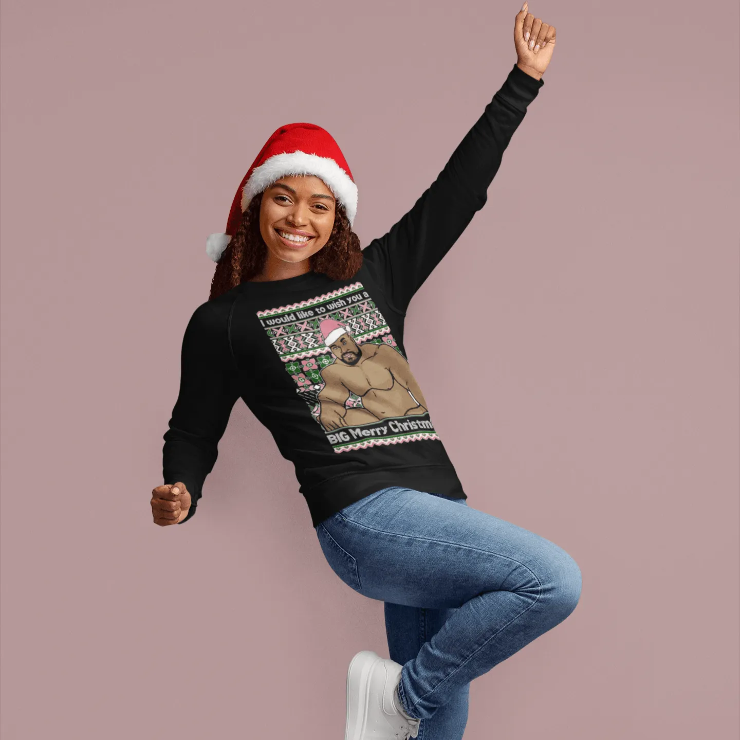 Ugly Christmas Graphic Crewneck Sweashirt I Would Like To Wish You A Big Merry Christmas
