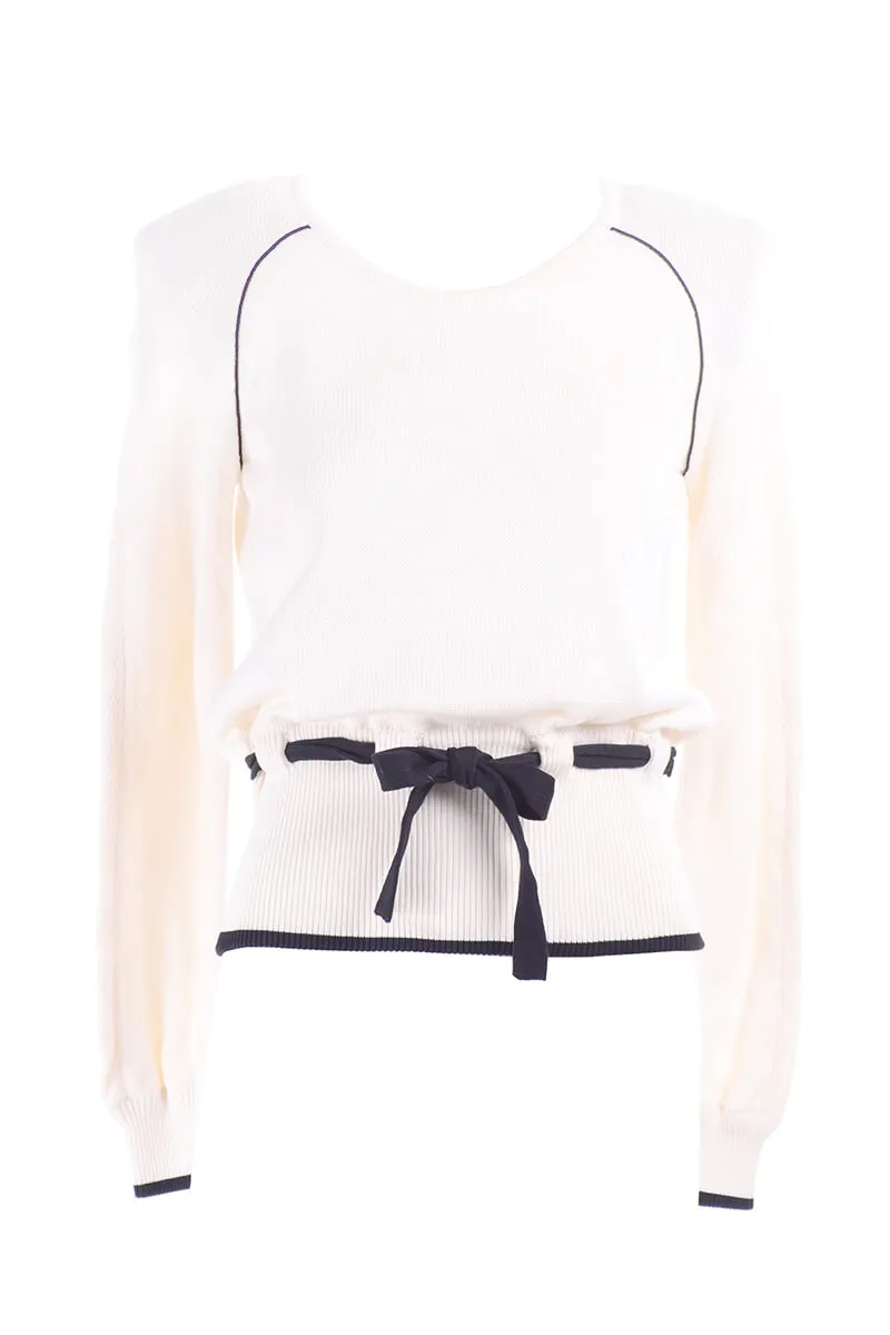 Vintage Valentino White Cotton Sweater w/ Black Waist Tie Size Small