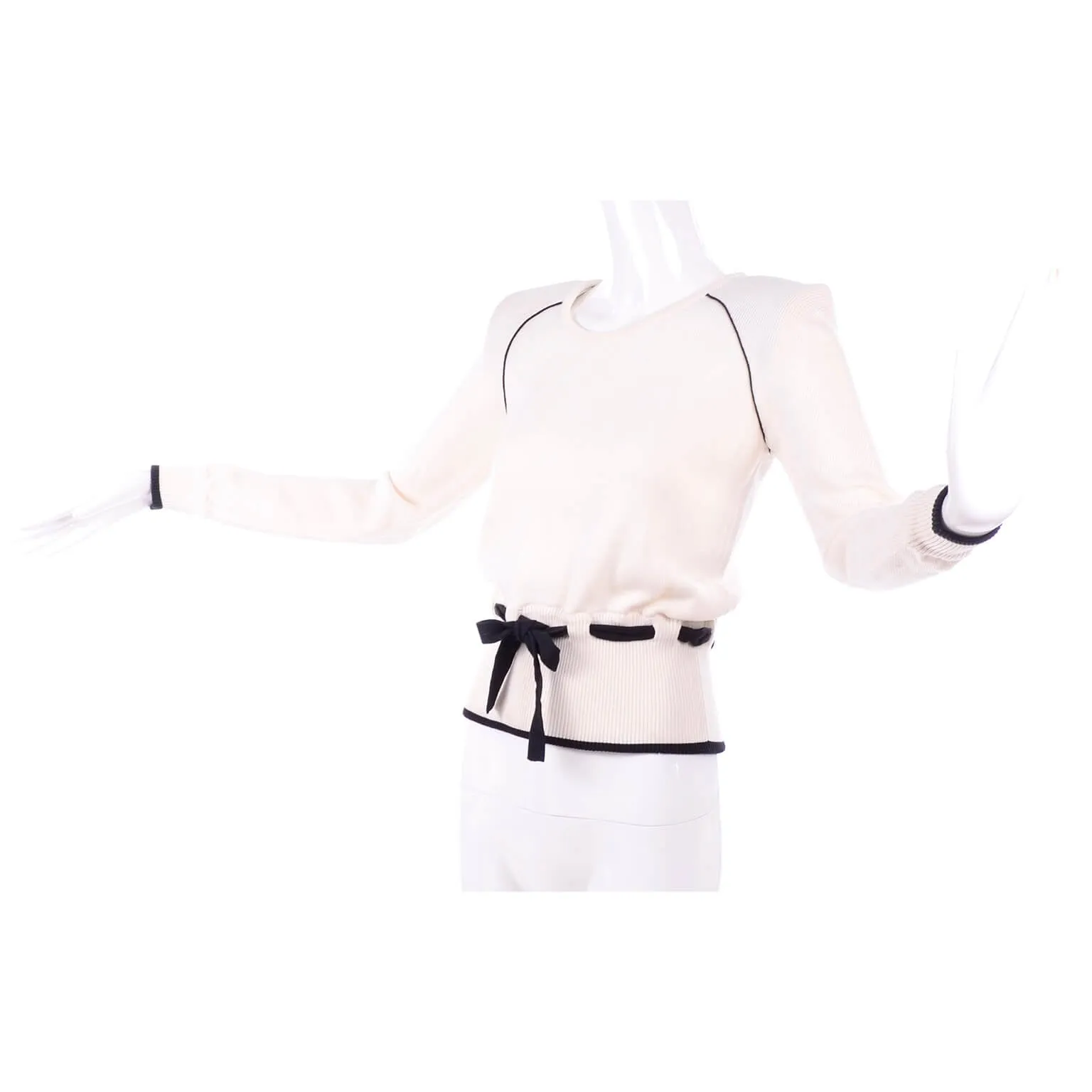 Vintage Valentino White Cotton Sweater w/ Black Waist Tie Size Small