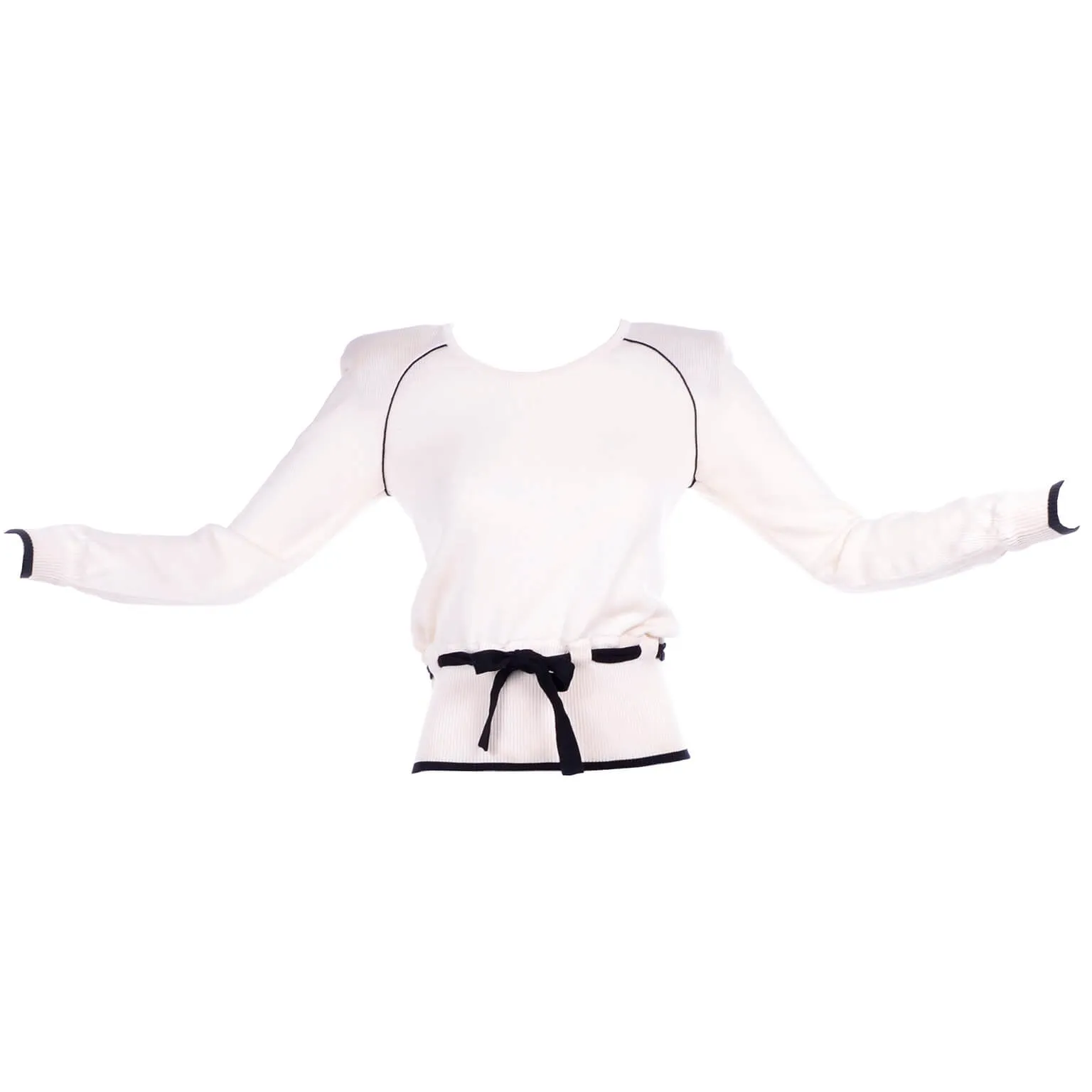 Vintage Valentino White Cotton Sweater w/ Black Waist Tie Size Small