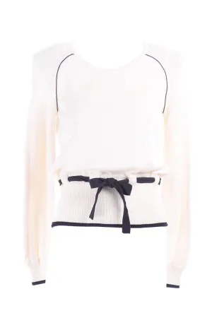 Vintage Valentino White Cotton Sweater w/ Black Waist Tie Size Small