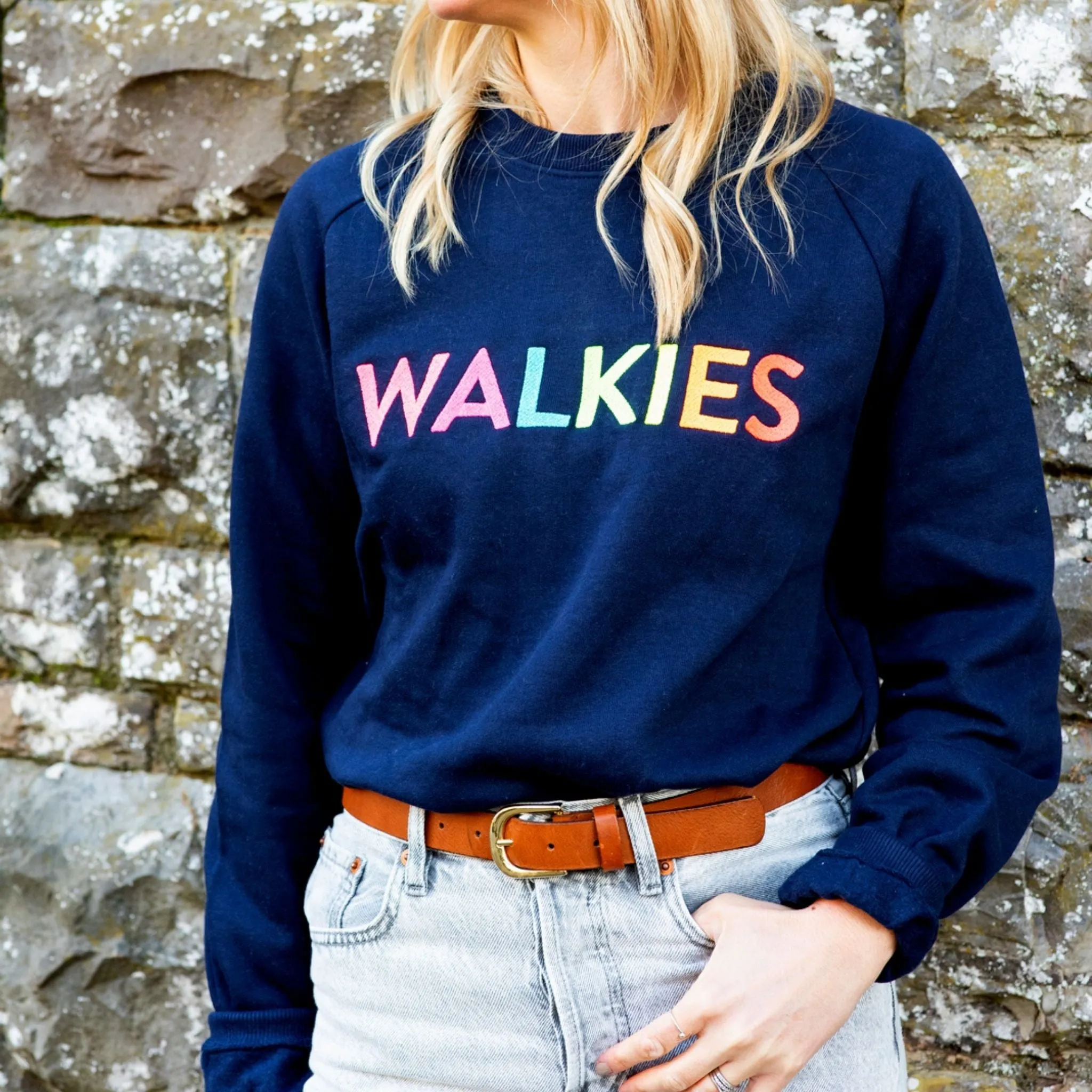 WALKIES Slogan Sweatshirt | Navy with Neon Rainbow Embroidery