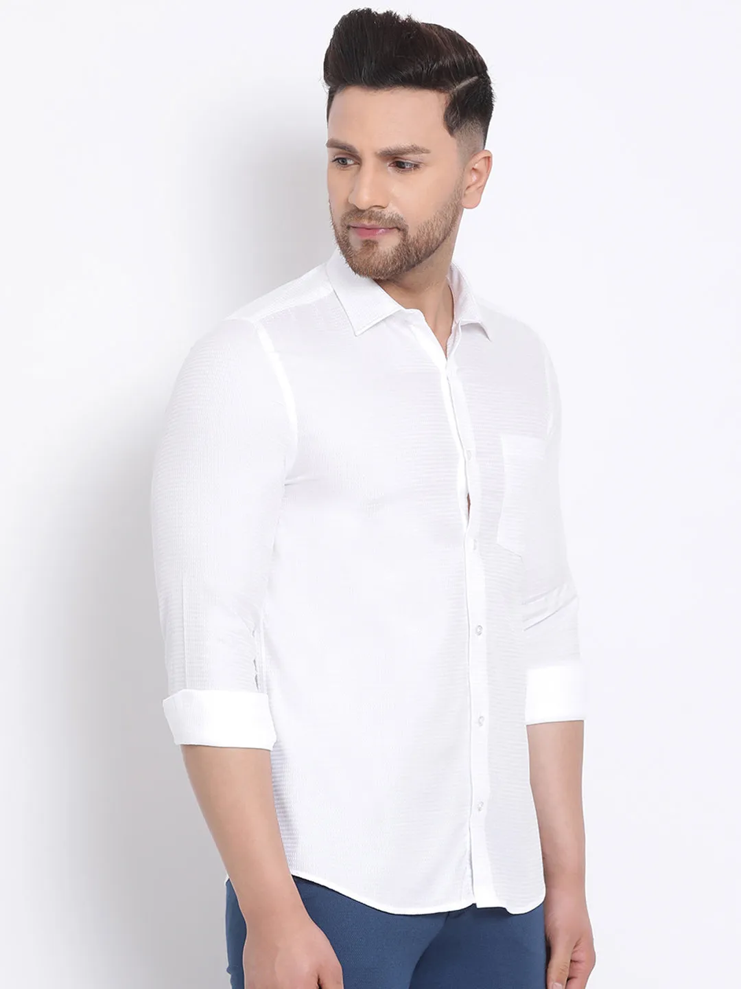 White Cotton Self Design Slim Fit Shirt
