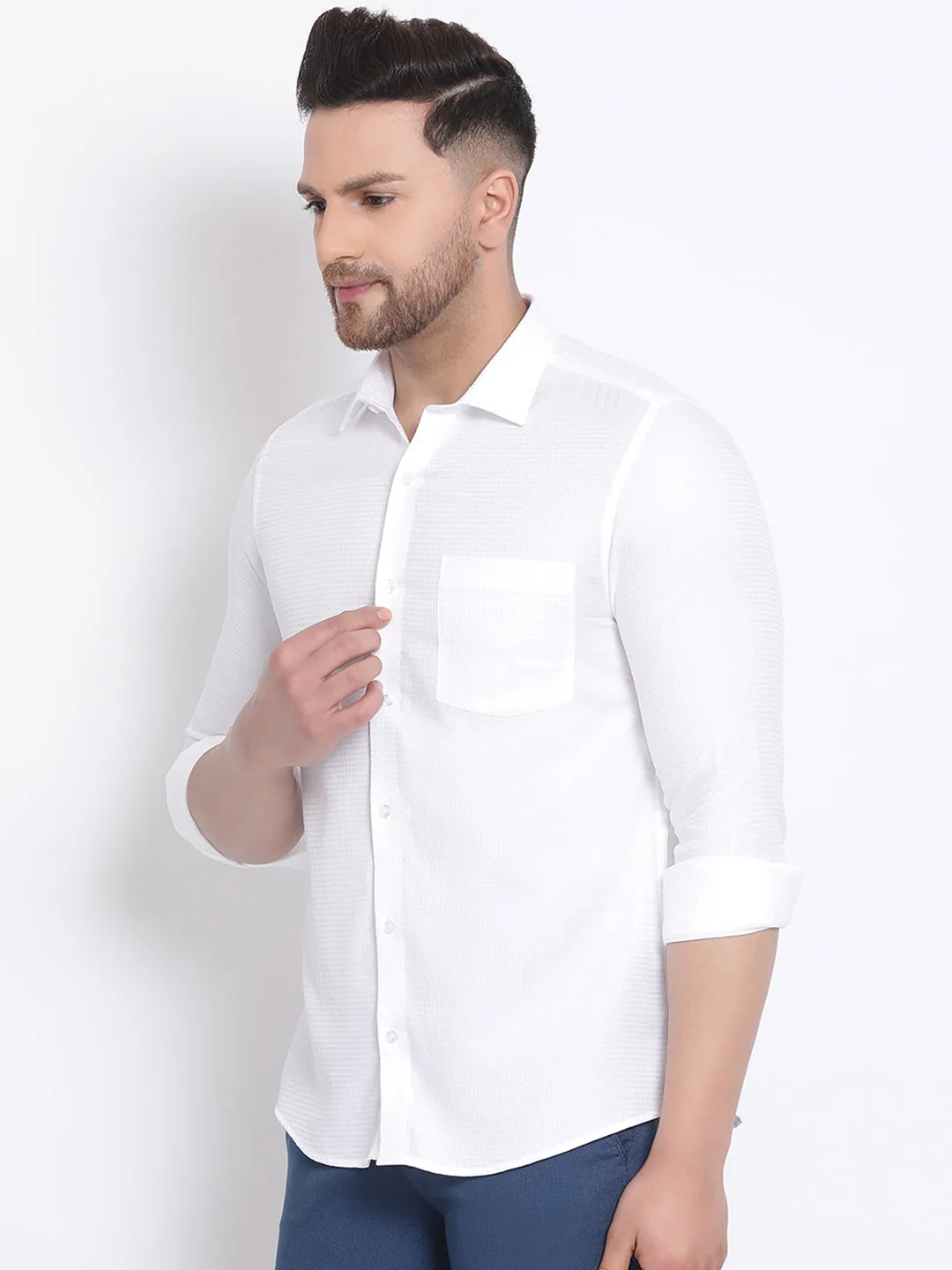 White Cotton Self Design Slim Fit Shirt