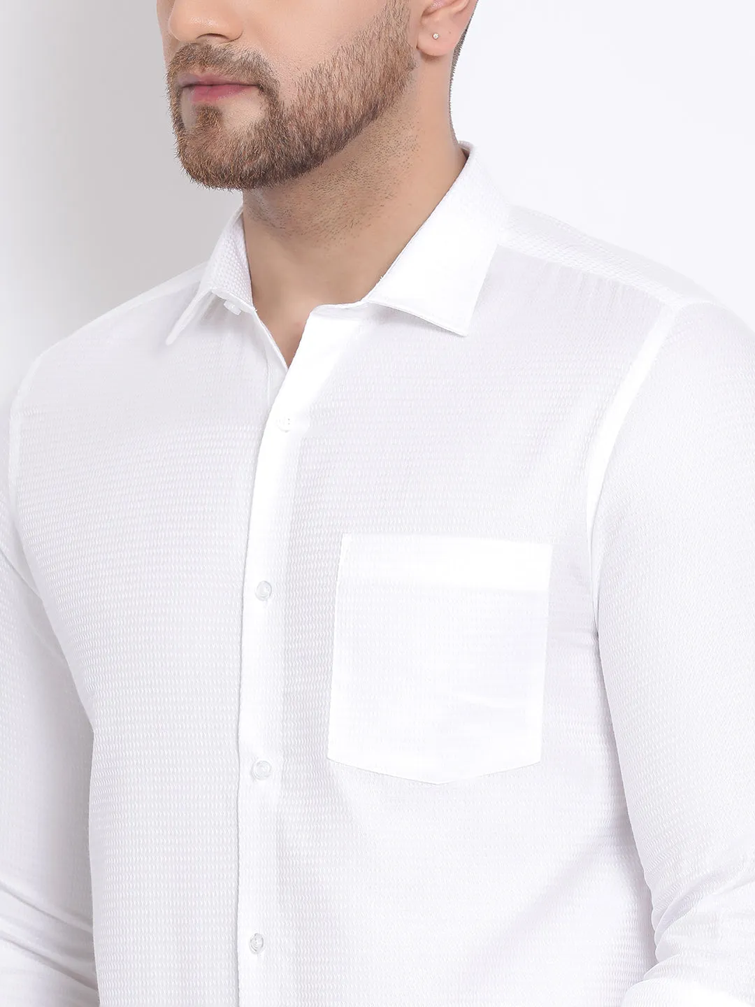 White Cotton Self Design Slim Fit Shirt