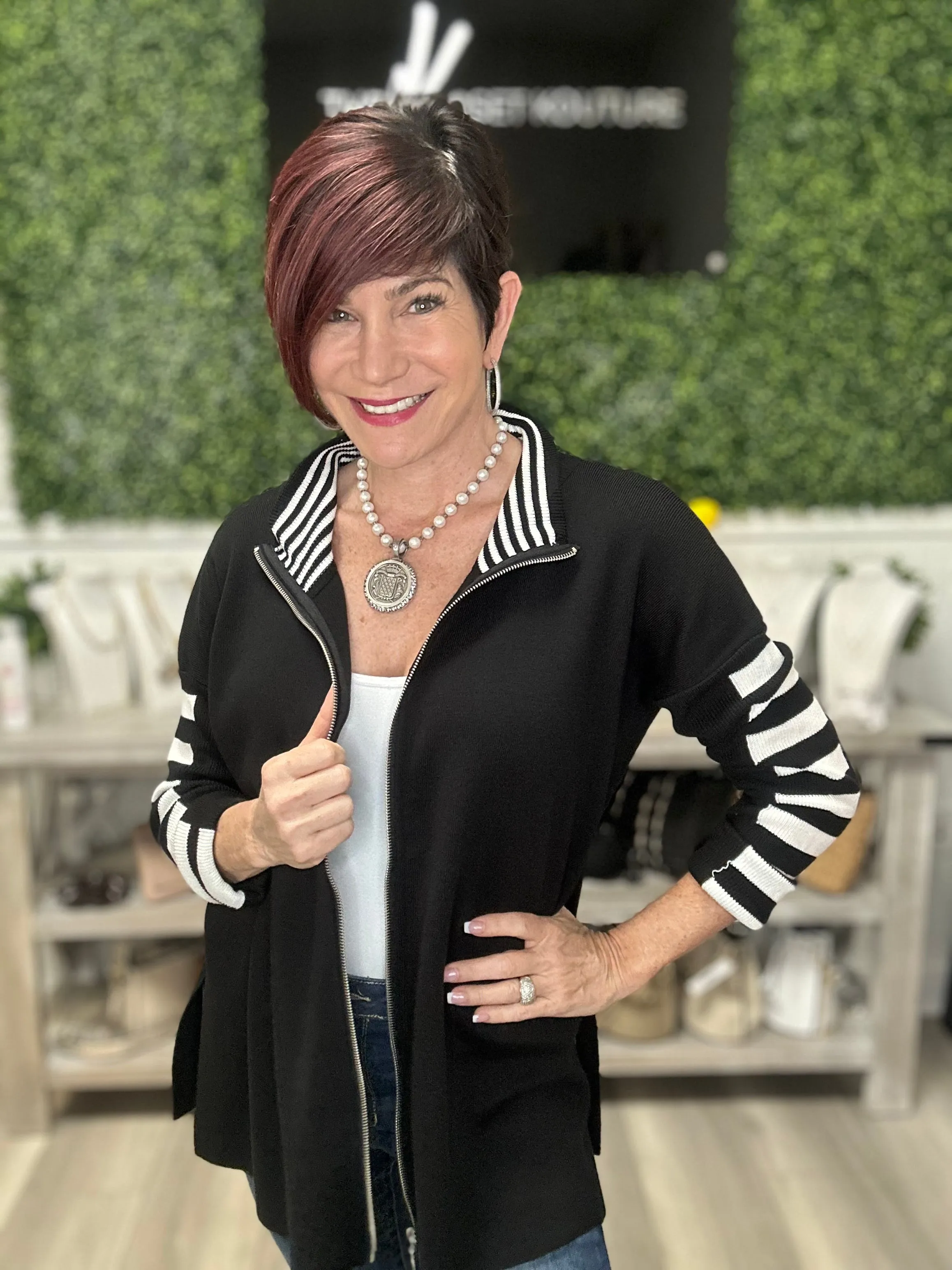 White Stripe Sleeve Zip Jacket