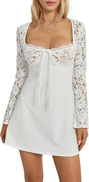 Women Lace Mini Dress Sexy Square Neck Lace Long Sleeves Backless Tie-Up A-Line Short Dresses Cocktail Bodycon Dress