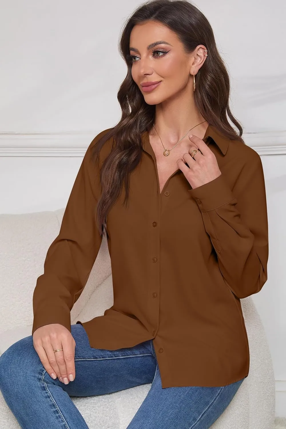 Women Wrinkle Free Soft and Breathable Chiffon Button Down Long Sleeve Blouse Collared Shirt Work Casual Tops