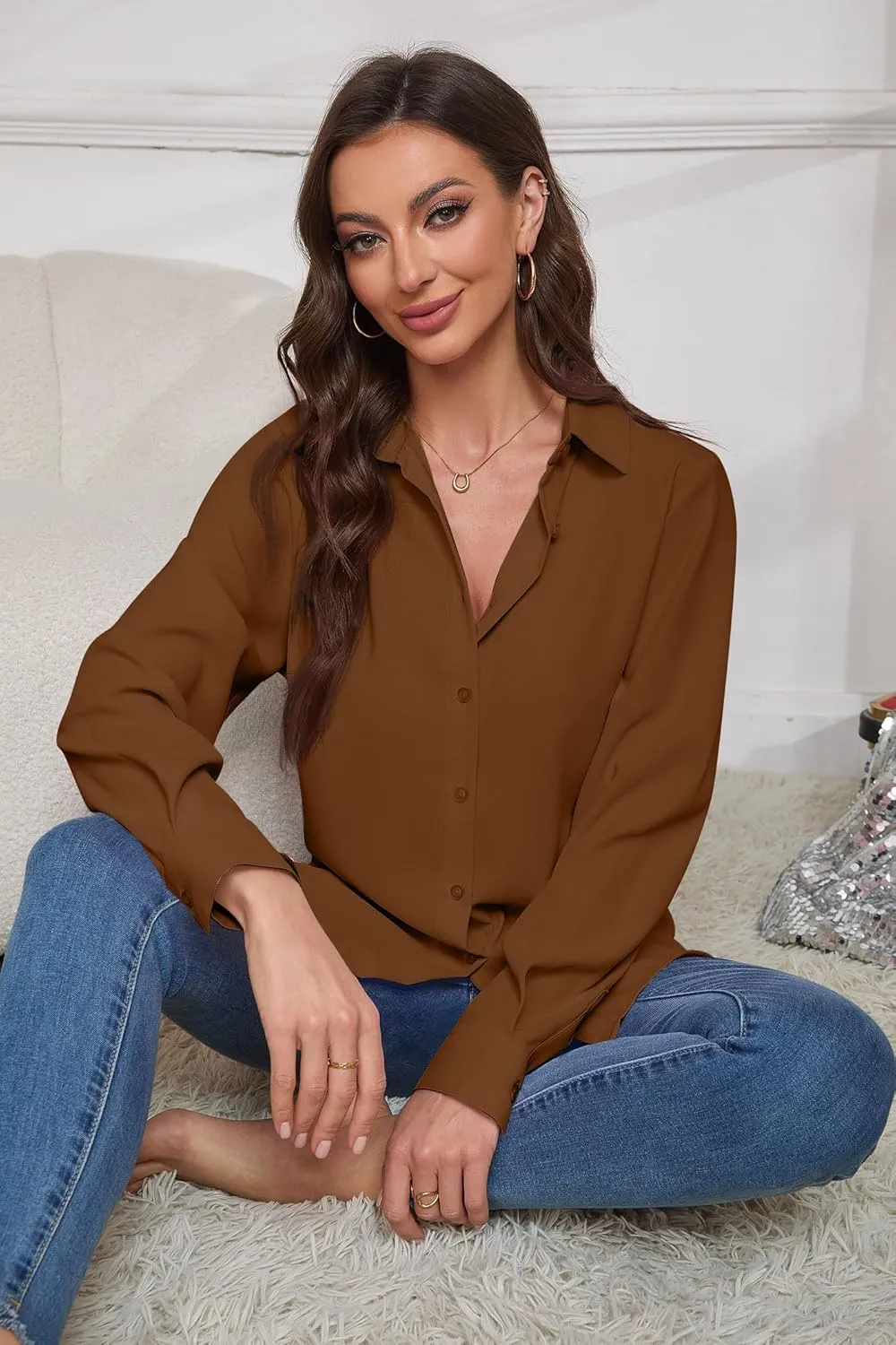 Women Wrinkle Free Soft and Breathable Chiffon Button Down Long Sleeve Blouse Collared Shirt Work Casual Tops