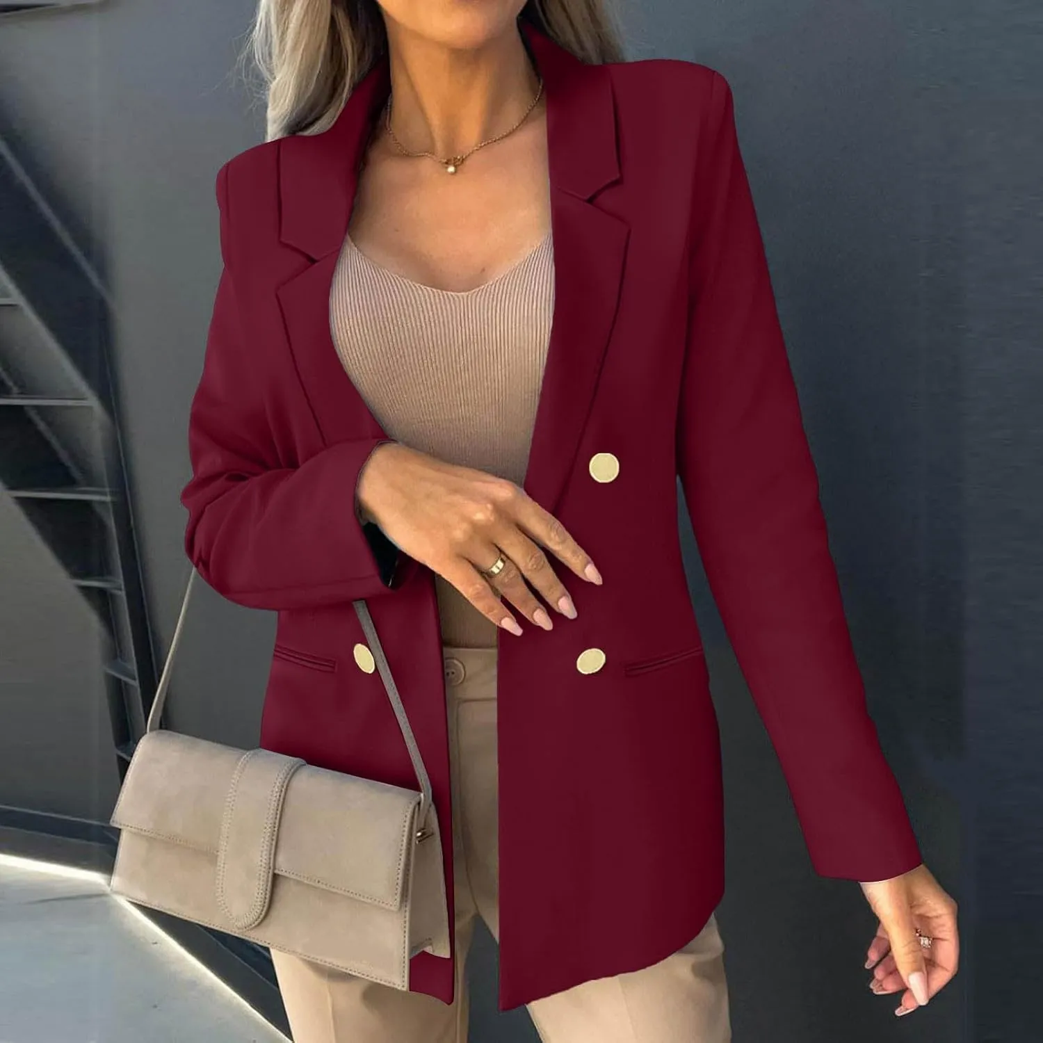 Womens Casual Blazer Jacket Slim Fit Simple Double Breasted Blazers Notched Collar Long Sleeve Work Office Jackets