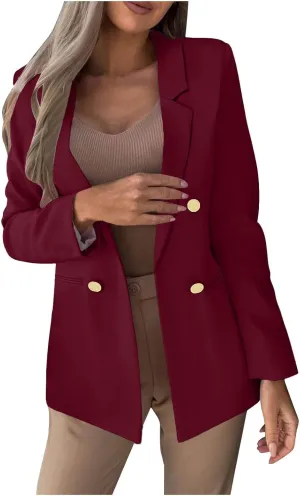 Womens Casual Blazer Jacket Slim Fit Simple Double Breasted Blazers Notched Collar Long Sleeve Work Office Jackets