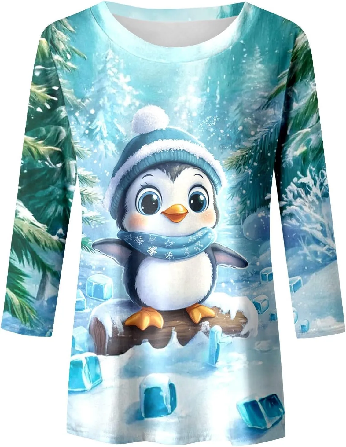 Womens Christmas Shirts Long Sleeve Funny Penguin Crewneck Sweatshirts Holiday Casual Graphic Pullover Sweaters