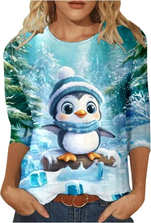 Womens Christmas Shirts Long Sleeve Funny Penguin Crewneck Sweatshirts Holiday Casual Graphic Pullover Sweaters