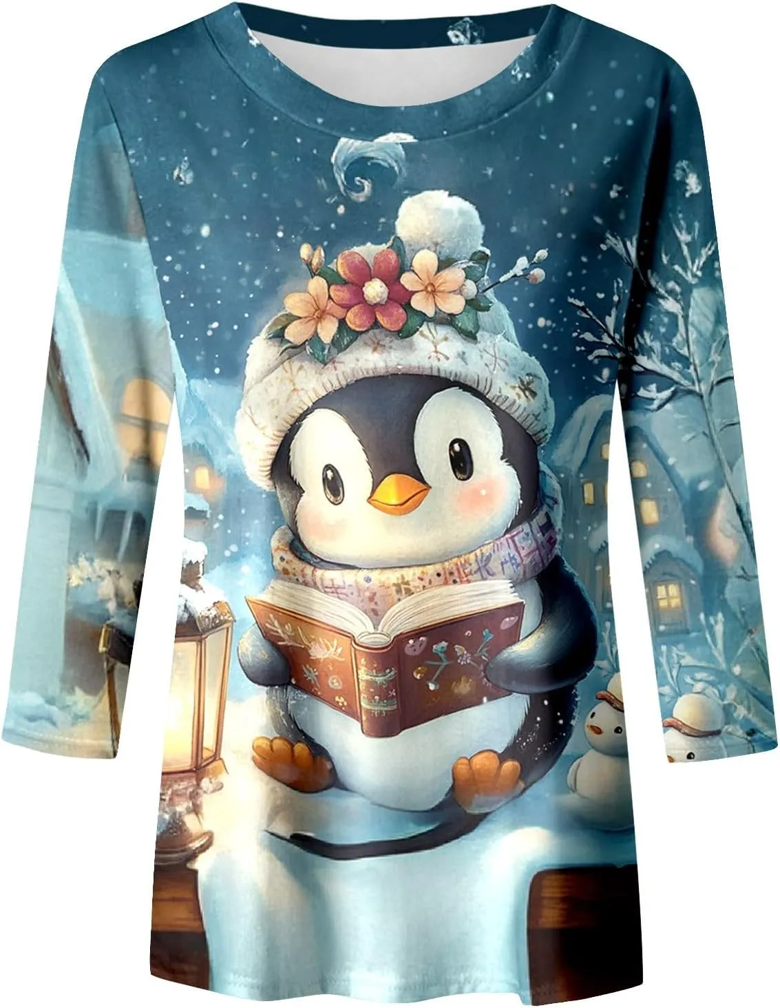 Womens Christmas Shirts Long Sleeve Funny Penguin Crewneck Sweatshirts Holiday Casual Graphic Pullover Sweaters