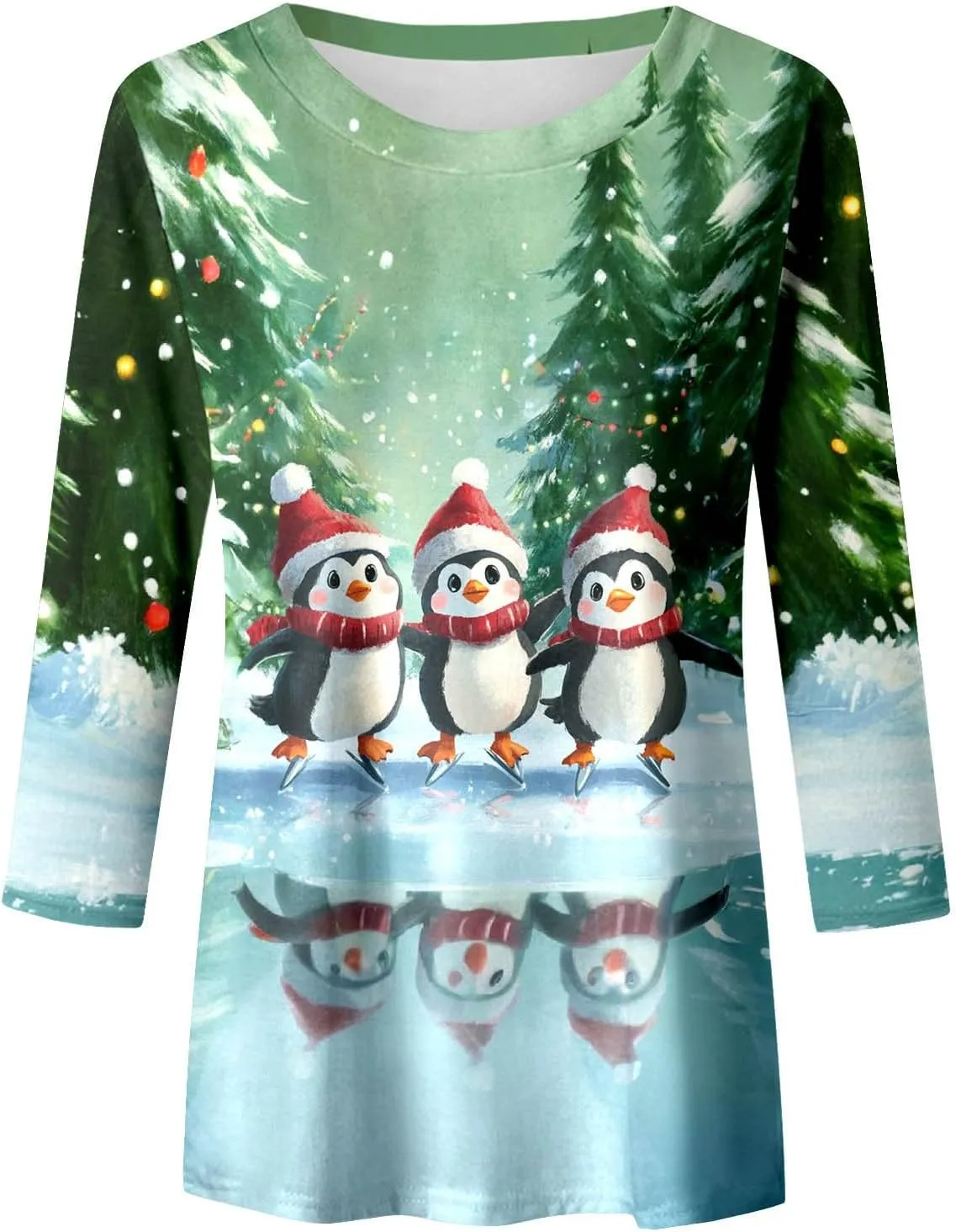 Womens Christmas Shirts Long Sleeve Funny Penguin Crewneck Sweatshirts Holiday Casual Graphic Pullover Sweaters