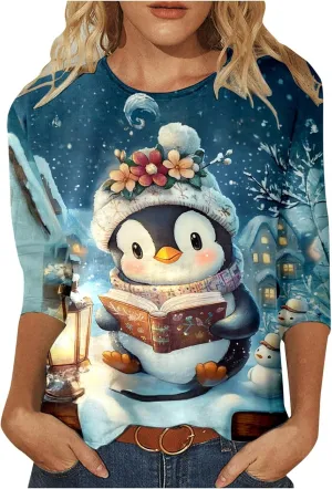 Womens Christmas Shirts Long Sleeve Funny Penguin Crewneck Sweatshirts Holiday Casual Graphic Pullover Sweaters
