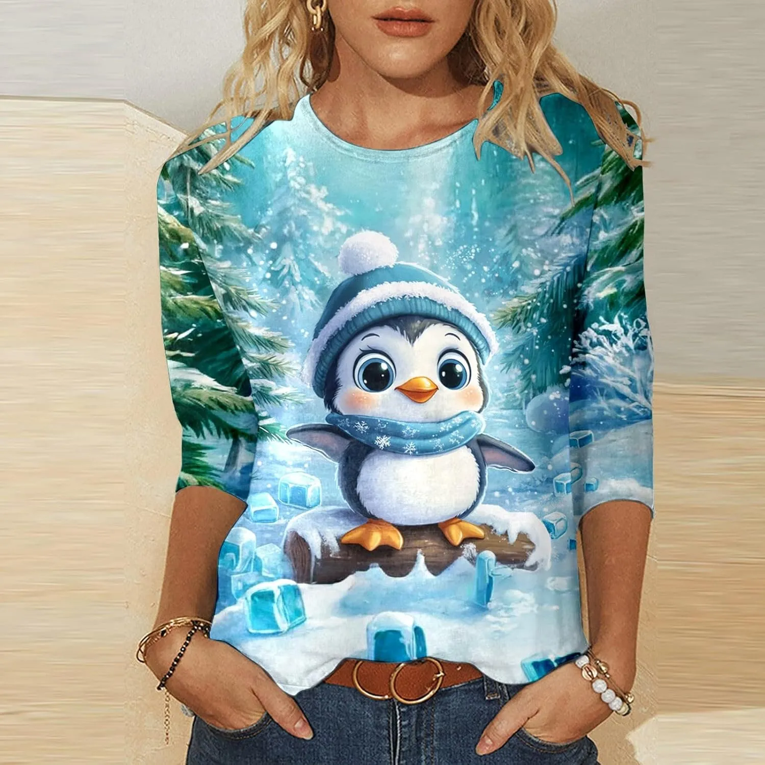 Womens Christmas Shirts Long Sleeve Funny Penguin Crewneck Sweatshirts Holiday Casual Graphic Pullover Sweaters