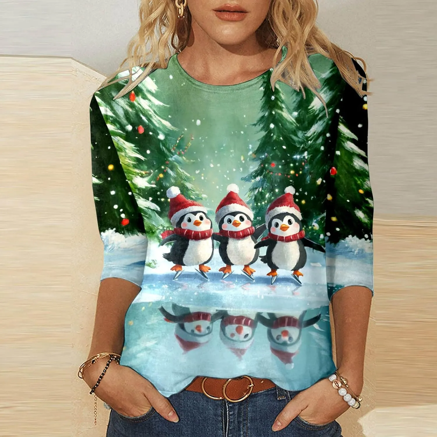 Womens Christmas Shirts Long Sleeve Funny Penguin Crewneck Sweatshirts Holiday Casual Graphic Pullover Sweaters