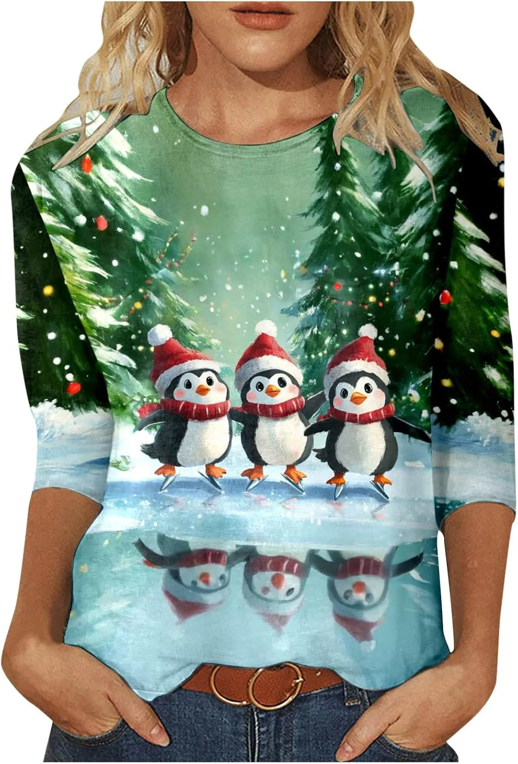 Womens Christmas Shirts Long Sleeve Funny Penguin Crewneck Sweatshirts Holiday Casual Graphic Pullover Sweaters