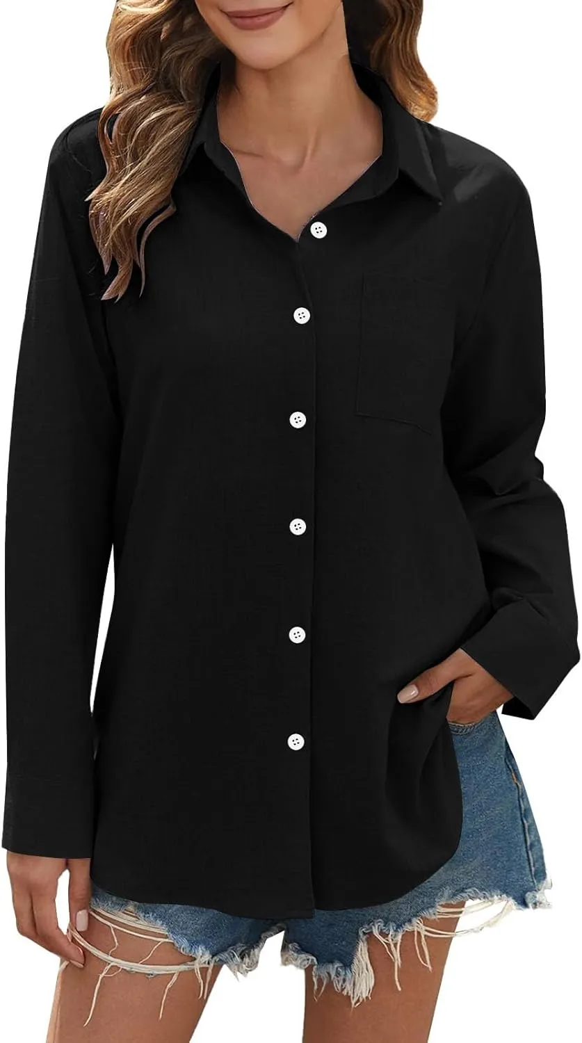Womens Linen Button Down Shirts Women's Retro Floral Art Print Casual Long Sleeve Long Sleeve Cotton Gauze Tops